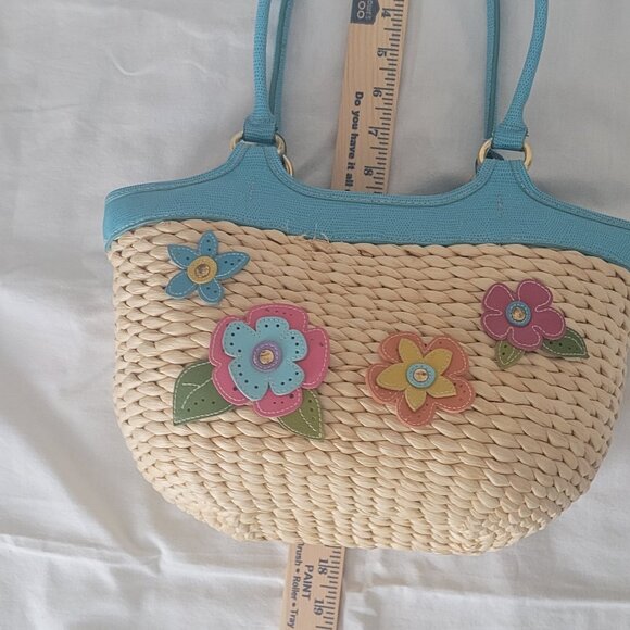 Straw Purse Vintage Flower Embellished Multi Color with Blue Trim - Picture 15 of 16